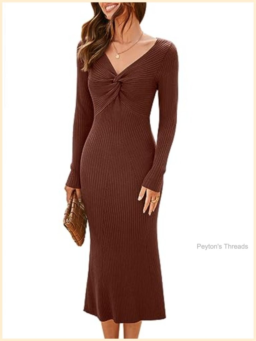 Long Sleeve V Neck Twist Front Ribbed Knit Bodycon Midi Sweater Dress